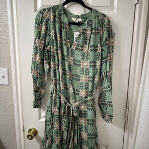 LOFT Sage Green Floral Tie-Waist Midi Dress